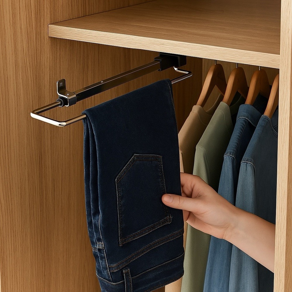 Closet Pull Out Pants‎ Rack – Retractable Sliding Wardrobe Hanger, Space Saver